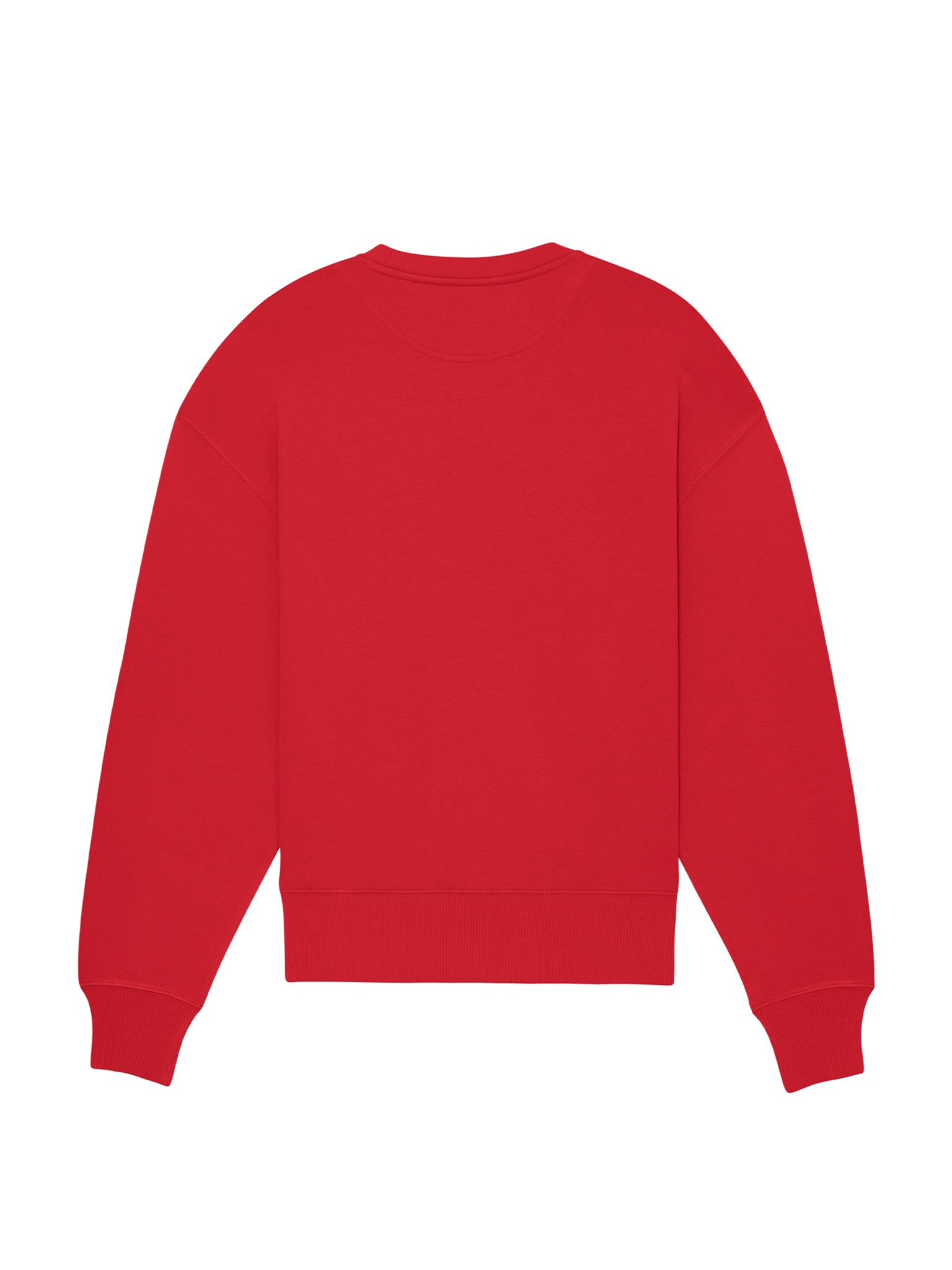 Rød økologisk sweatshirt set bagfra – minimalistisk look og bæredygtigt tøj til hverdagsbrug