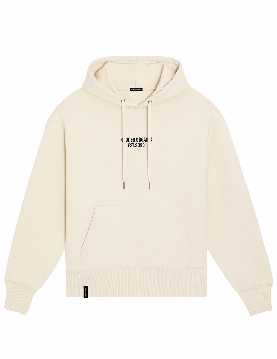 Produktbillede af beige hoodie med logo – fremstillet i 100% økologisk bomuld med klassisk pasform
