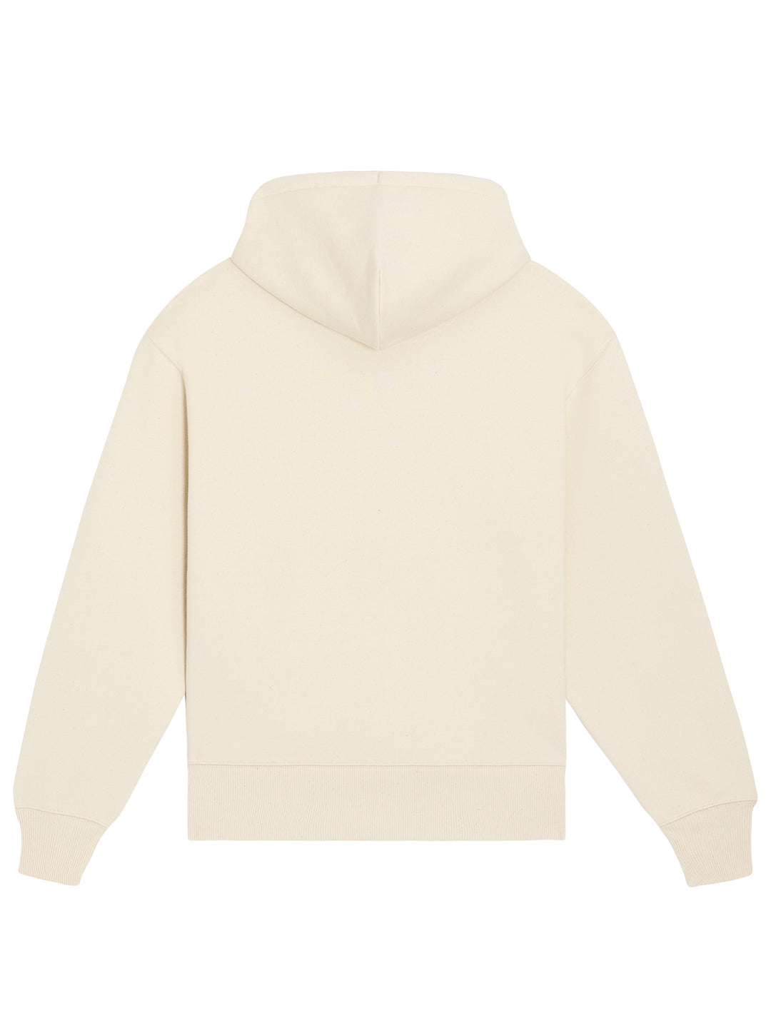 Beige hoodie med logo set bagfra – comfy pasform og 100% økologisk tekstil
