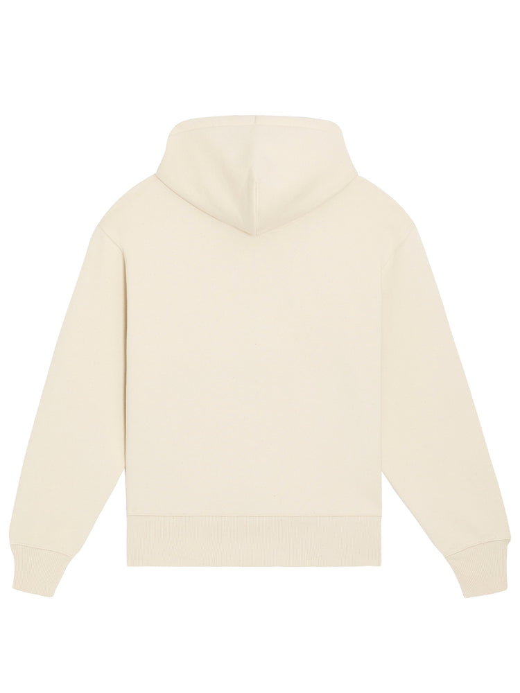 Beige hoodie med logo set bagfra – comfy pasform og 100% økologisk tekstil
