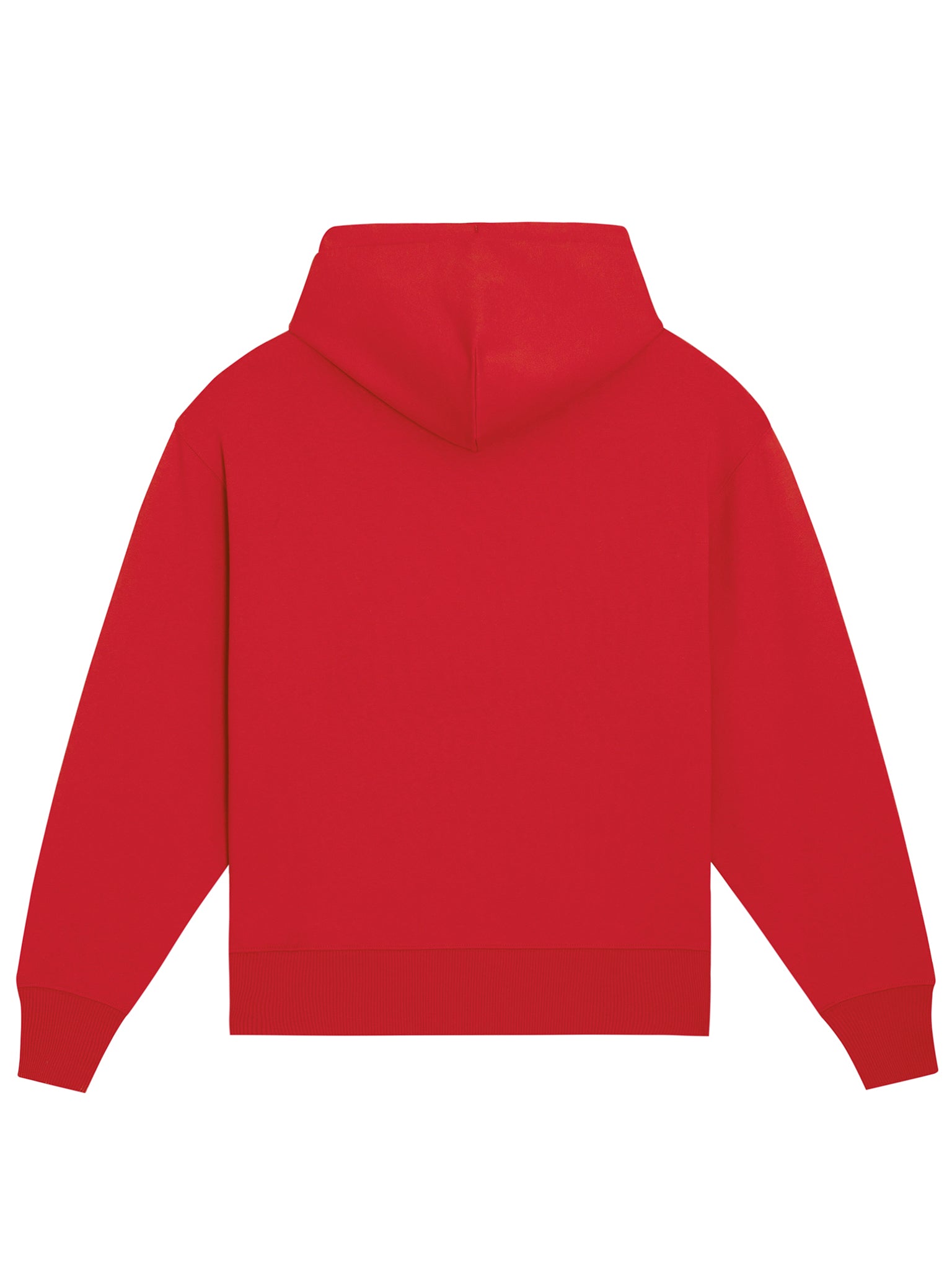 Rød hoodie med logo på brystet set forfra – comfy fit i 100% økologisk bomuld
