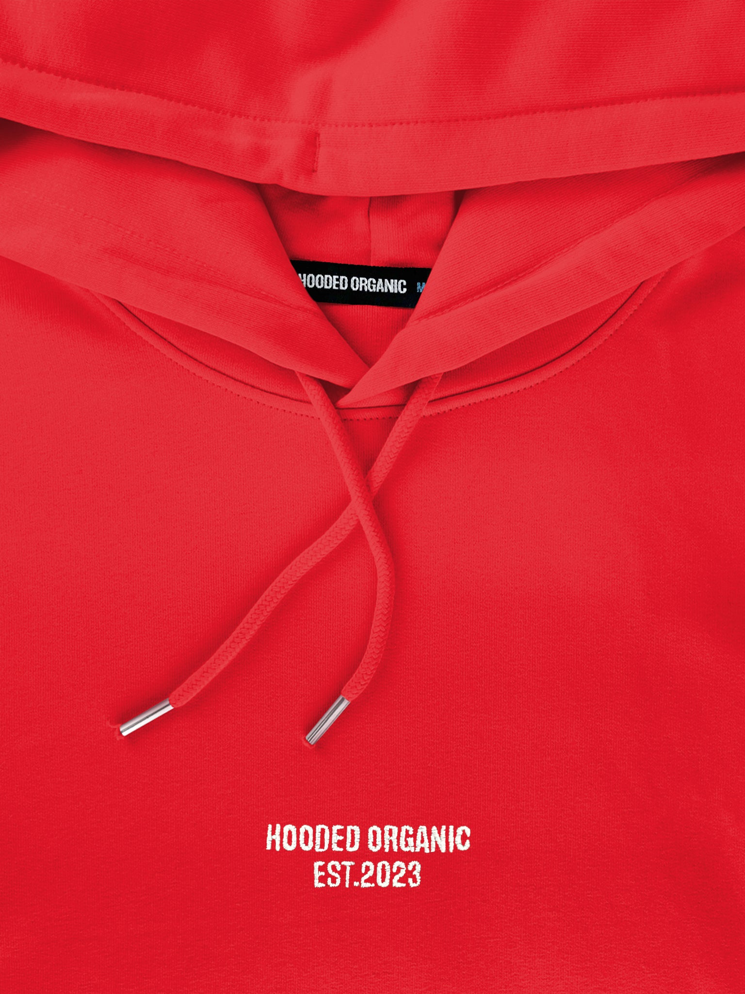 Hooded Organic-logo på rød heavy hoodie – detaljeret tryk på 100% økologisk bomuld
