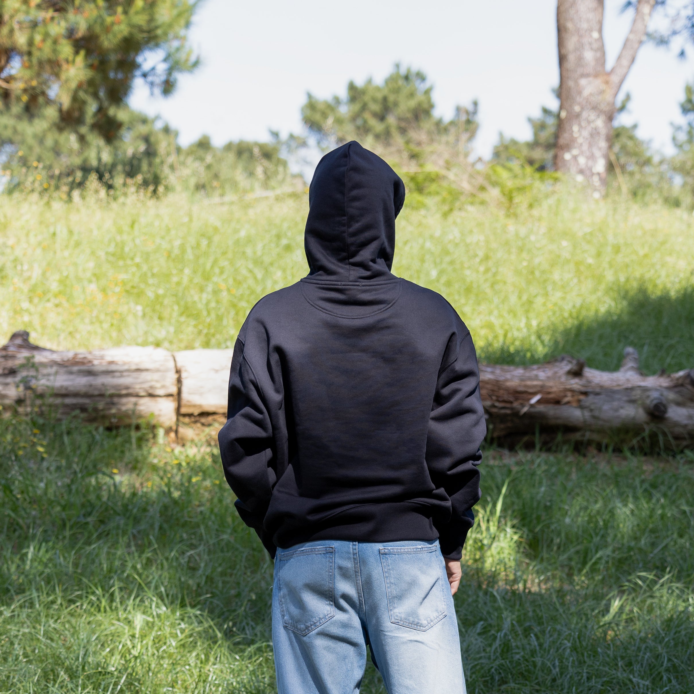 Mandelig model i sort hoodie med hætten oppe set bagfra – lavet af 100% økologisk bomuld
