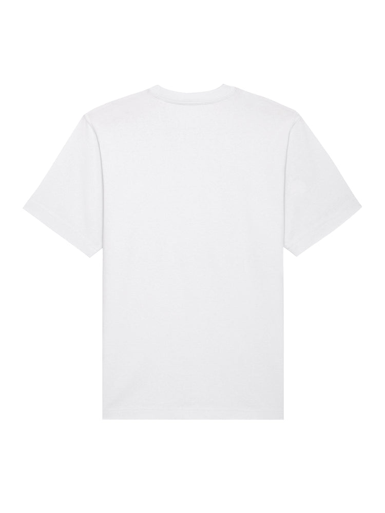 Hvid T-shirt set bagfra med Hooded Organic-logo – lavet i 100% økologisk bomuld og tidløst snit